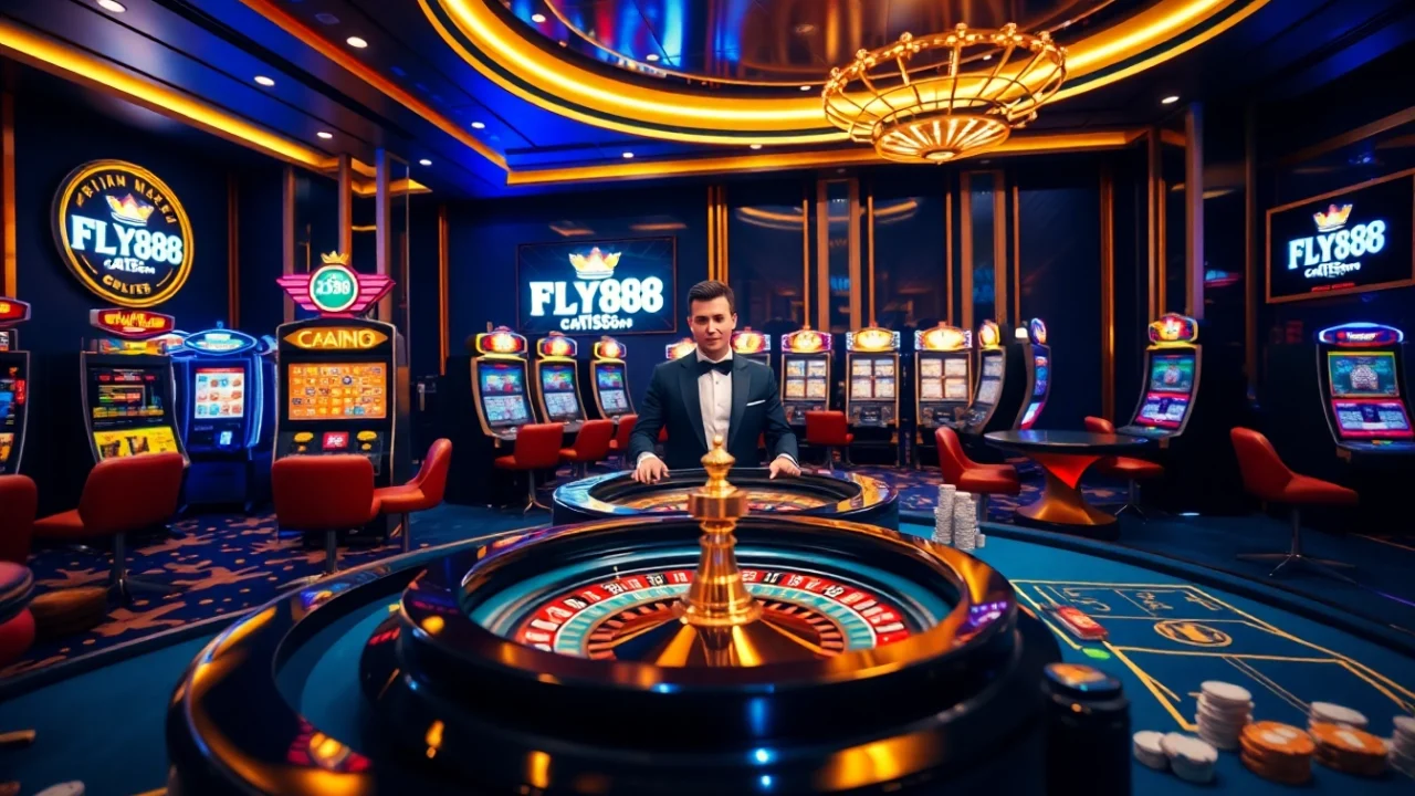 Experience the thrill of FLY88 in a luxury casino setting with roulette and slot machines.