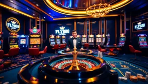 Experience the thrill of FLY88 in a luxury casino setting with roulette and slot machines.