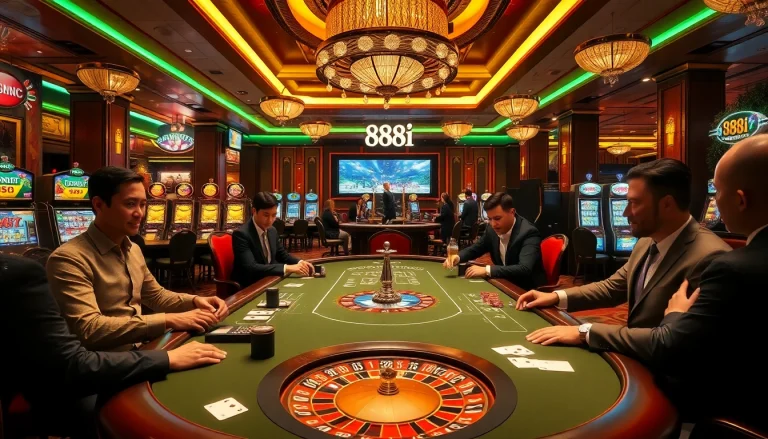 Betting excitement at 88i casino with poker players and vibrant slot machines.