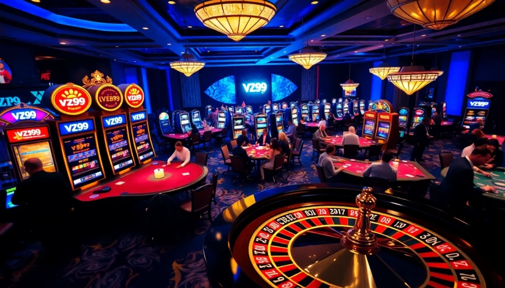 Exciting casino scene with vibrant slot machines and roulette wheel featuring vz99 branding.
