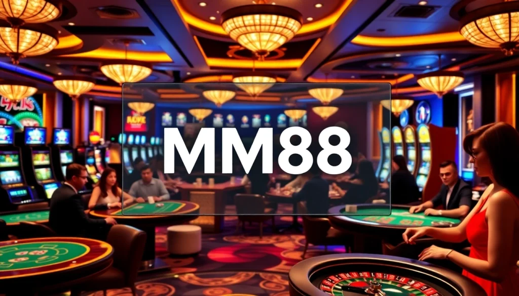 MM88 logo on a vibrant casino scene featuring poker tables and slot machines.