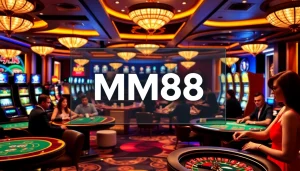 MM88 logo on a vibrant casino scene featuring poker tables and slot machines.