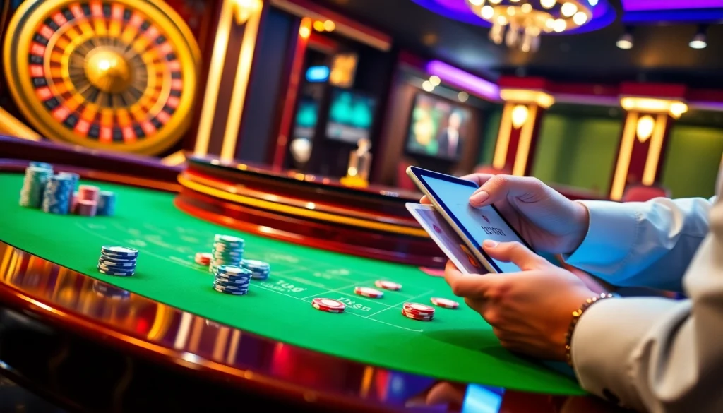 Experience the thrill of casino 33win with vibrant gaming tables and colorful poker chips in an elegant setting.