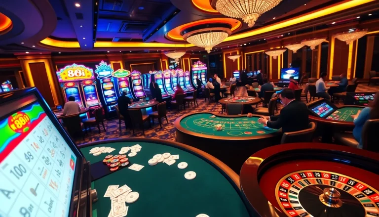Gamblers enjoying a thrilling game at the luxurious 88i casino, filled with vibrant slot machines and poker tables.