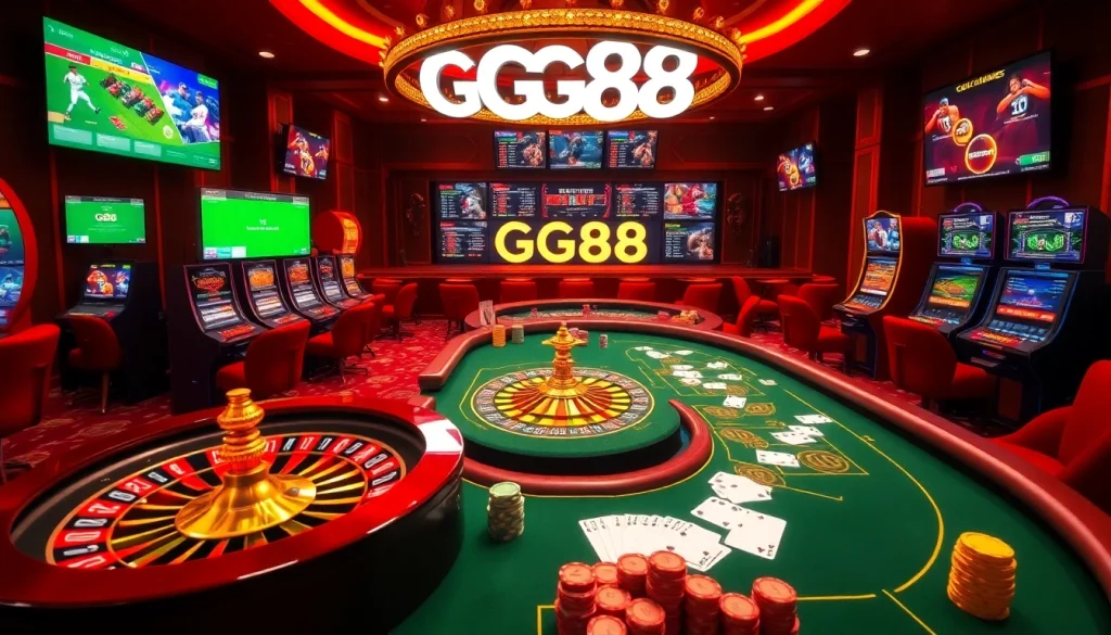 Betting excitement at GG88 casino with vibrant tables, roulette wheel, and dynamic games.