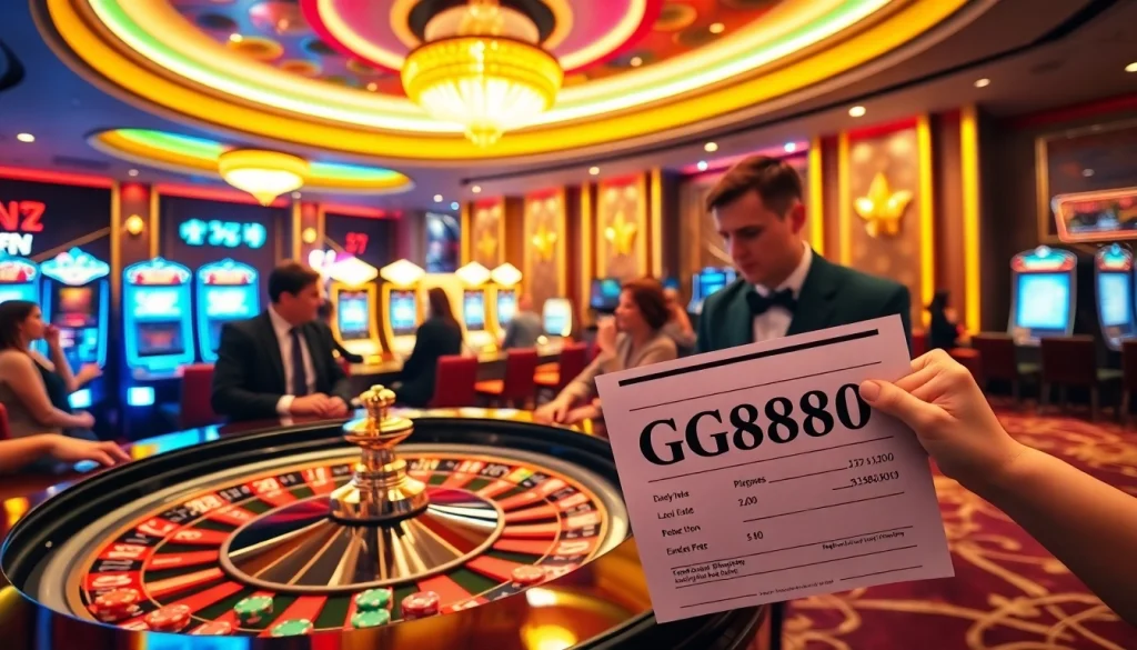 Players engaging at a vibrant roulette table in a luxurious casino, featuring GG88 betting slips.