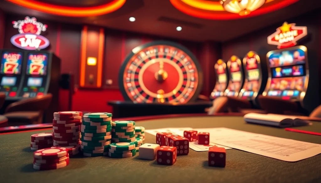 Tác giả Trần Chinh discussing strategies at a vibrant casino table filled with chips and cards.