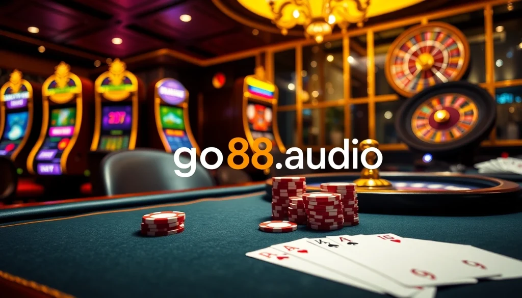 Experience the thrills of gambling at go88.audio with a vibrant casino scene featuring poker and roulette.