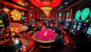 Sky88 là gì illustrated by vibrant casino action at poker and roulette tables, enhancing excitement.