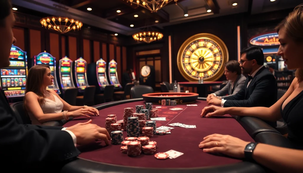 Engaged players strategize with poker chips at a luxurious rikvip casino table