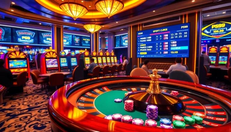 Engage in thrilling gaming action with link PS99 at a luxurious casino setting featuring poker tables.