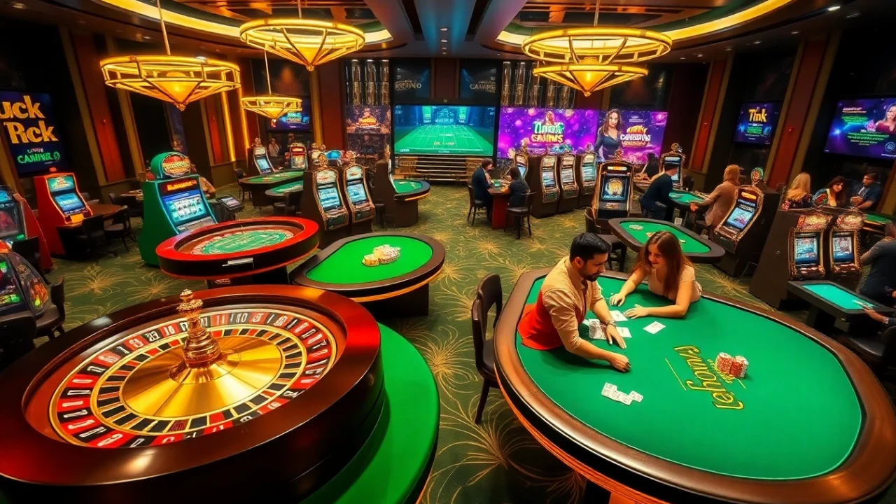 A dynamic gambling scene at https://luck88com.net/ featuring exciting poker games and flashing slot machines, embodying luxury and thrill.