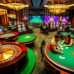 A dynamic gambling scene at https://luck88com.net/ featuring exciting poker games and flashing slot machines, embodying luxury and thrill.