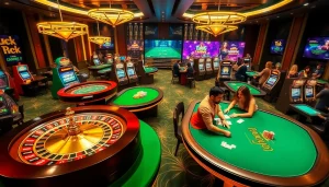 A dynamic gambling scene at https://luck88com.net/ featuring exciting poker games and flashing slot machines, embodying luxury and thrill.