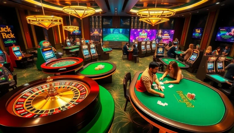 A dynamic gambling scene at https://luck88com.net/ featuring exciting poker games and flashing slot machines, embodying luxury and thrill.