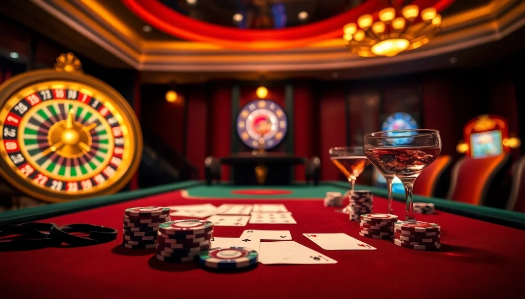 Experience the excitement of online gambling at https://rikvip.talk/ with vibrant casino tables and poker chips.