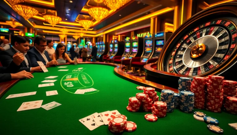 Experience the excitement of dh88 with players at a blackjack table and vibrant slot machines.