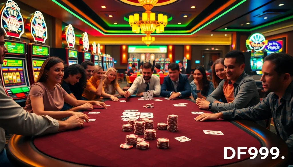 Experience excitement and strategy at the website DF999 with players gathered around a luxury poker table.