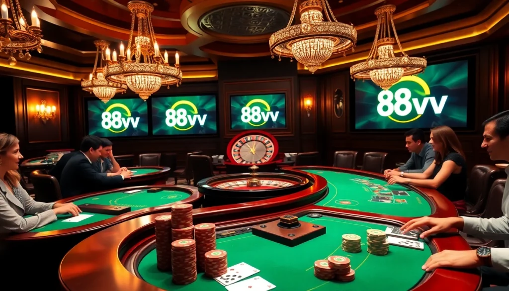 88vv enhances the excitement of gambling with luxurious casino visuals, featuring poker chips and roulette wheels.