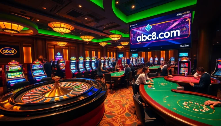 Experience the thrill of winning at abc8.com with vibrant casino tables and spinning roulette.