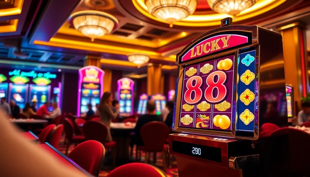 Engaging players enjoying the LUCKY88 slot machine in a glamorous casino setting.