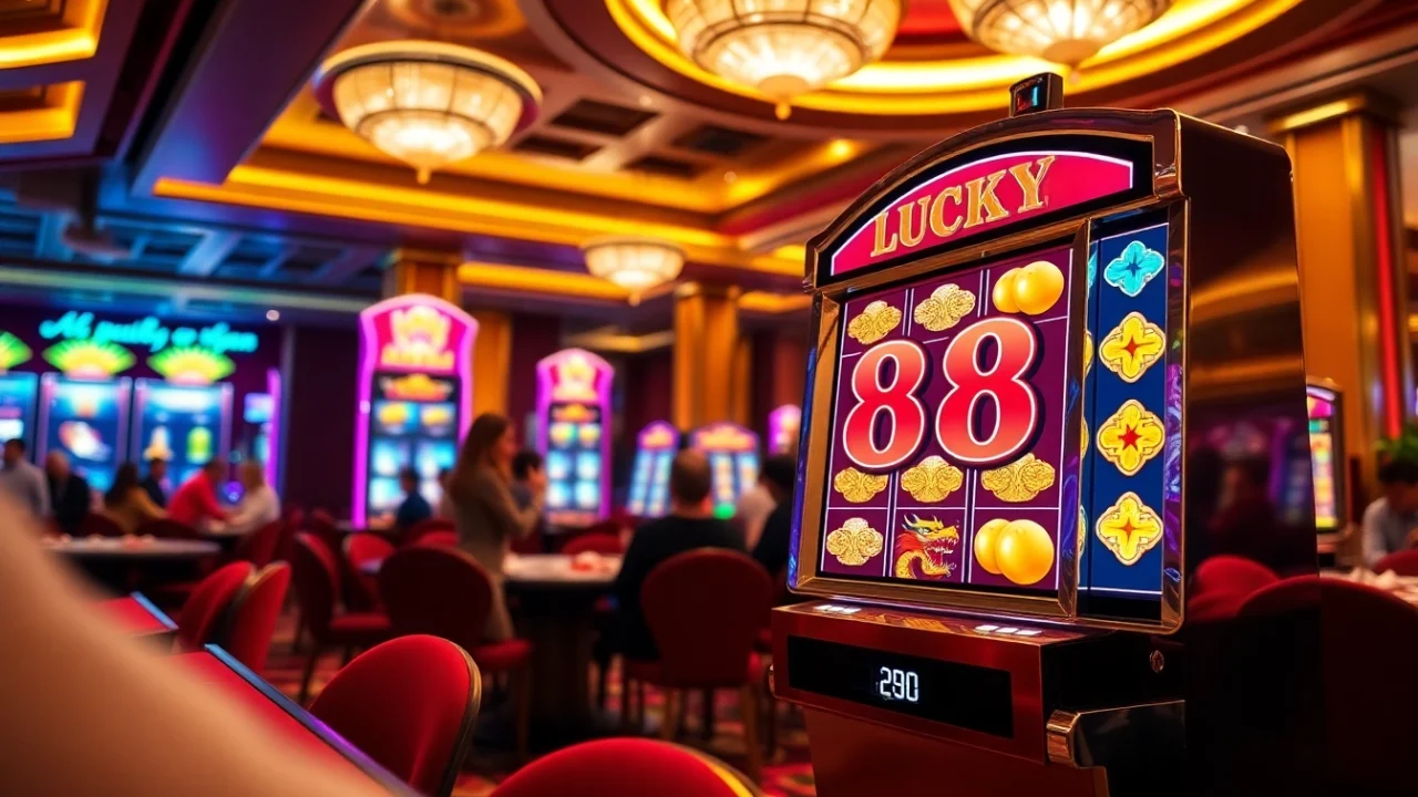 Engaging players enjoying the LUCKY88 slot machine in a glamorous casino setting.