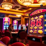 Engaging players enjoying the LUCKY88 slot machine in a glamorous casino setting.