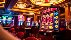 Engaging players enjoying the LUCKY88 slot machine in a glamorous casino setting.