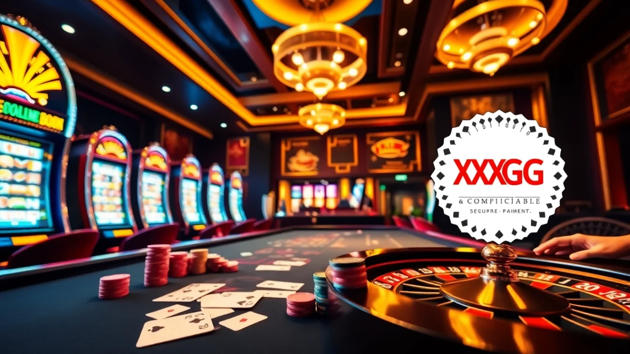 Experience the excitement of Plataforma XXGG Confiável with vibrant casino elements such as poker chips and roulette wheels.