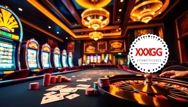 Experience the excitement of Plataforma XXGG Confiável with vibrant casino elements such as poker chips and roulette wheels.