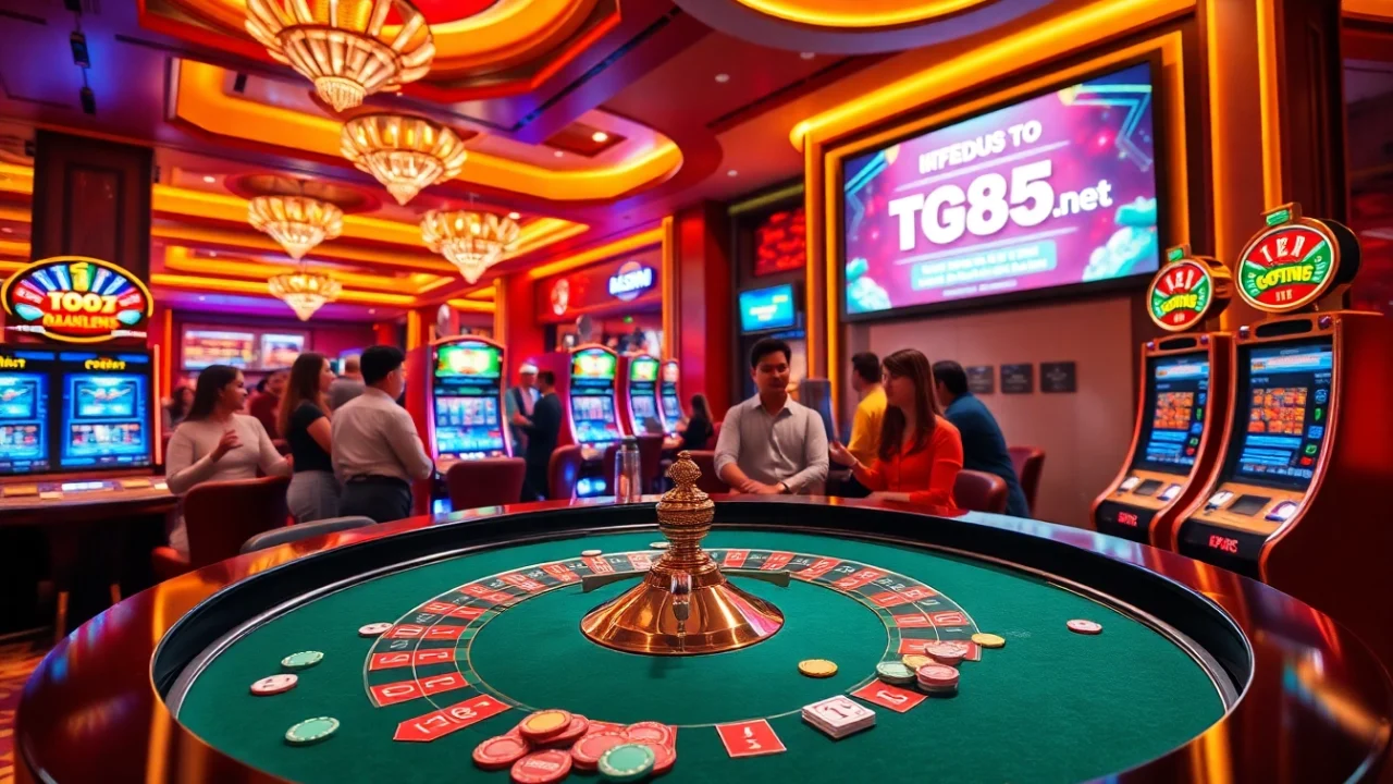 Players enjoying a thrilling casino experience at https://tg885.net/, featuring roulette and slot machines.