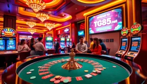 Players enjoying a thrilling casino experience at https://tg885.net/, featuring roulette and slot machines.