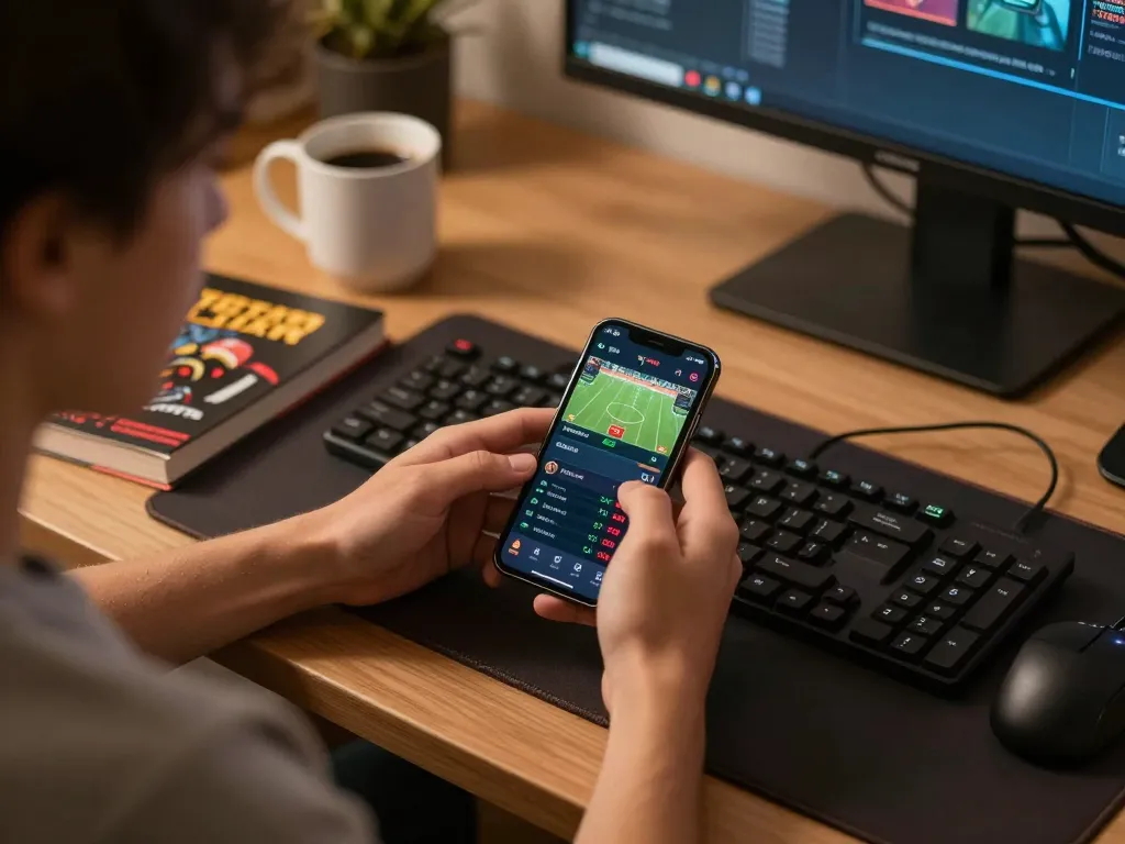 Player engages in live betting on smartphone using vaobet, showcasing sports app with interactive odds