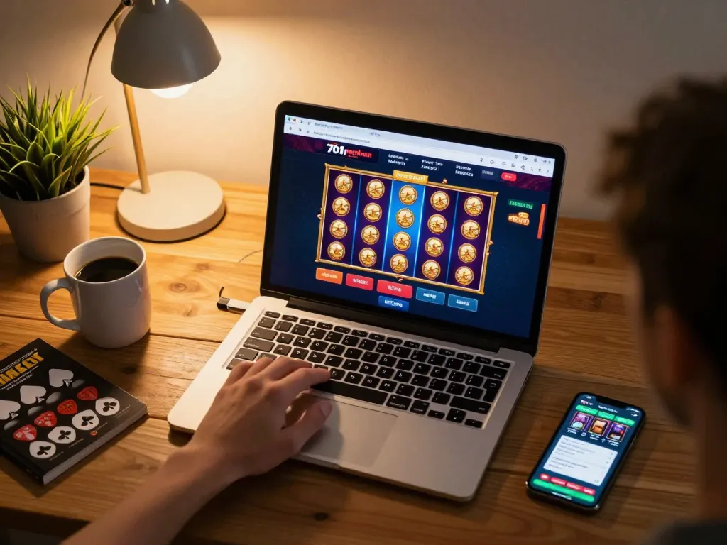 Player enjoying an engaging online gaming experience with 701panduan, showcasing exciting slot elements and strategy materials.