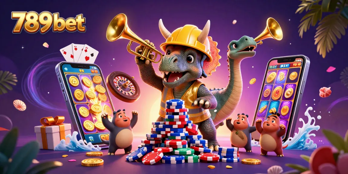 Win big at 789 bet with a vibrant scene of a triceratops and gambling elements celebrating jackpots.
