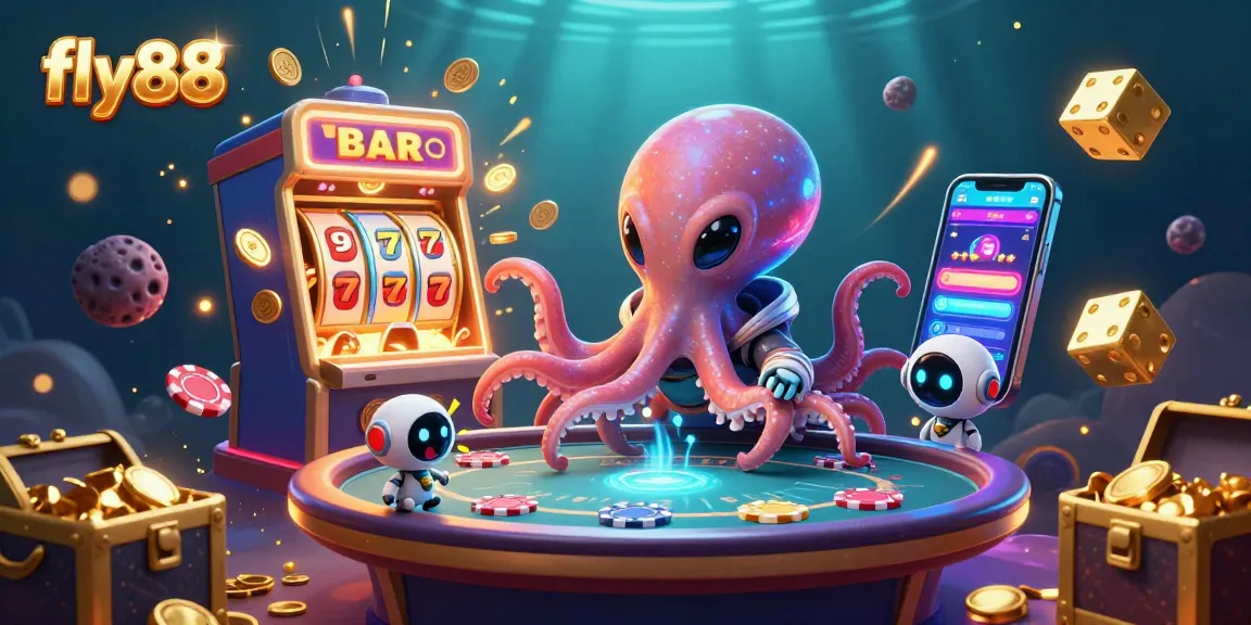 Engage with fly88's thrilling poker adventure featuring an alien octopus and dynamic casino elements.