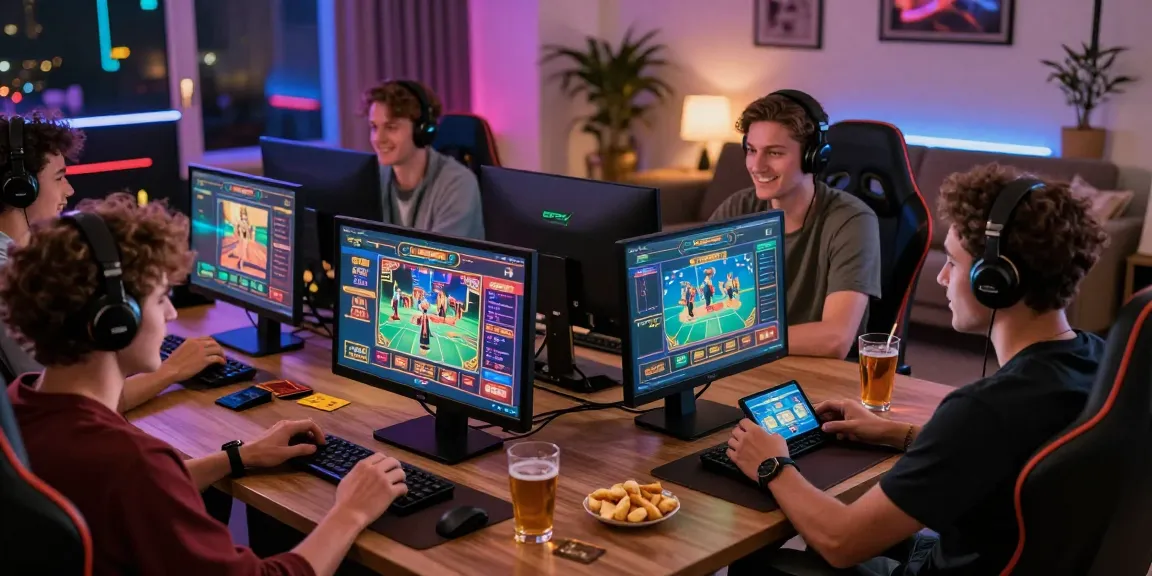 Exciting gaming environment at credit card casinos at pavilions.org.uk with friends playing on devices, showcasing modern online casino experience.