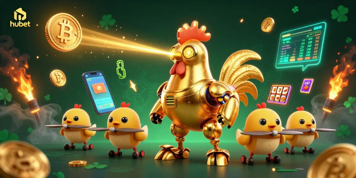Engage with hubet's vibrant casino world featuring a robotic rooster and crypto elements on display.