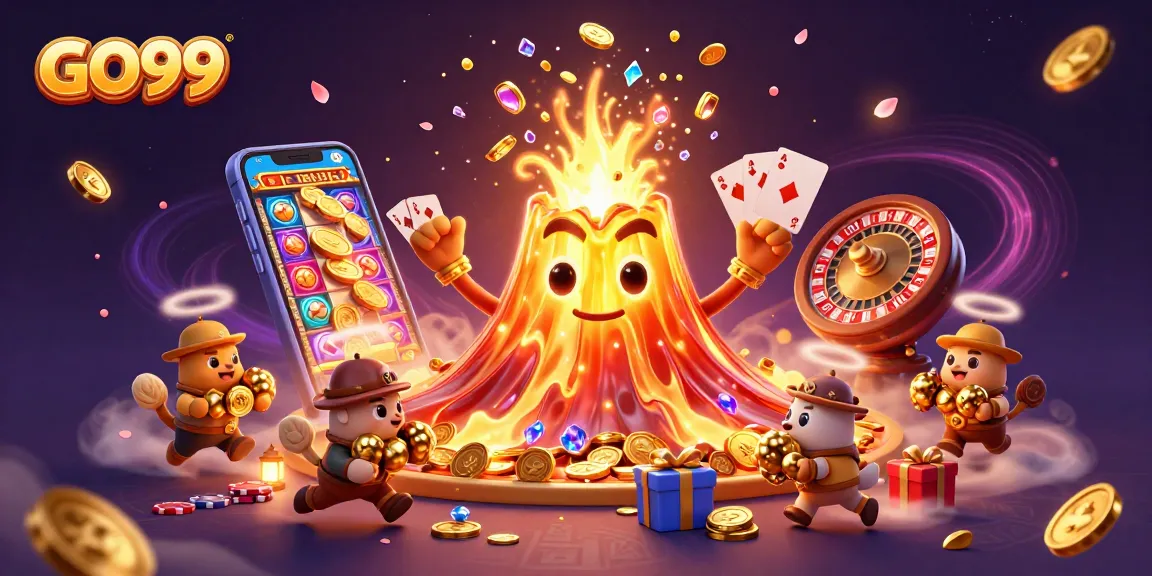 Experience thrilling gameplay with GO99's vibrant 3D casino scene featuring a golden volcano and treasure!