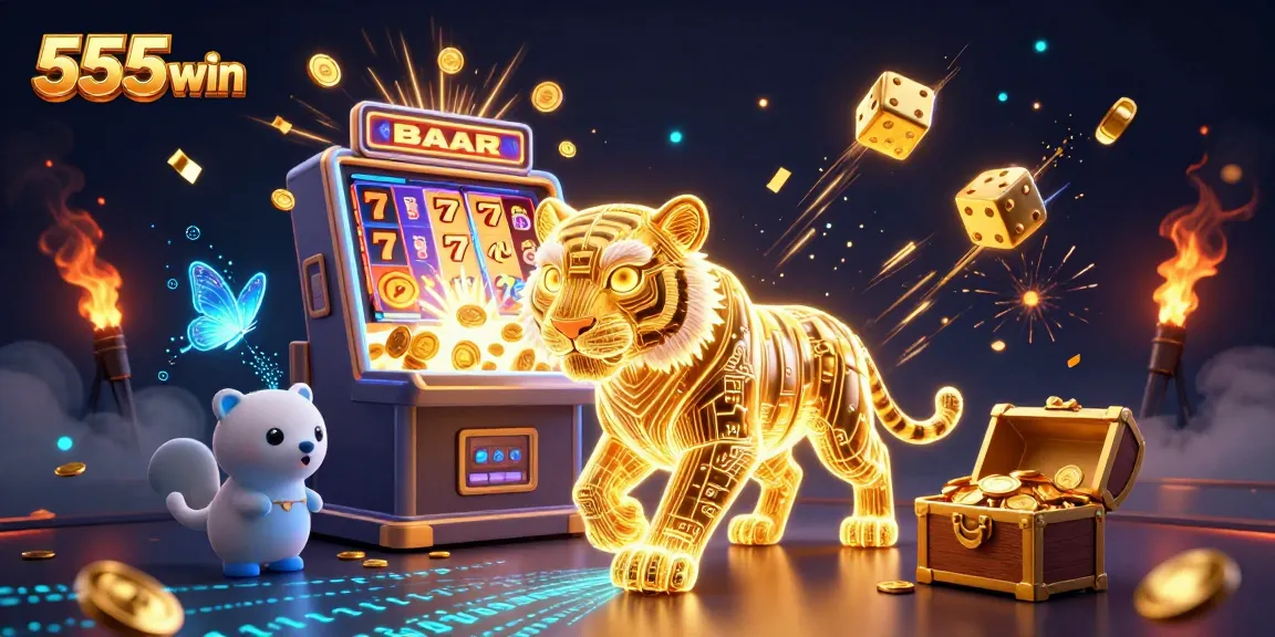 Get ready to win with 555win's thrilling digital casino experience featuring a golden tiger amid vibrant game elements.