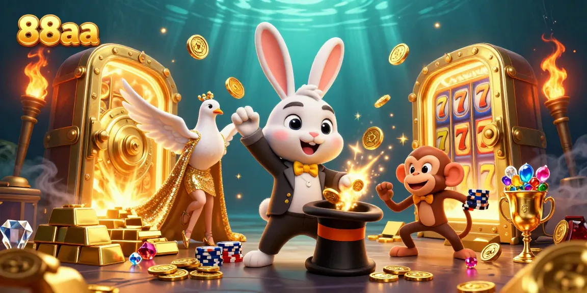 Experience thrilling wins at 88aa with a magical scene of a rabbit pulling golden coins, showcasing a vibrant gambling atmosphere.