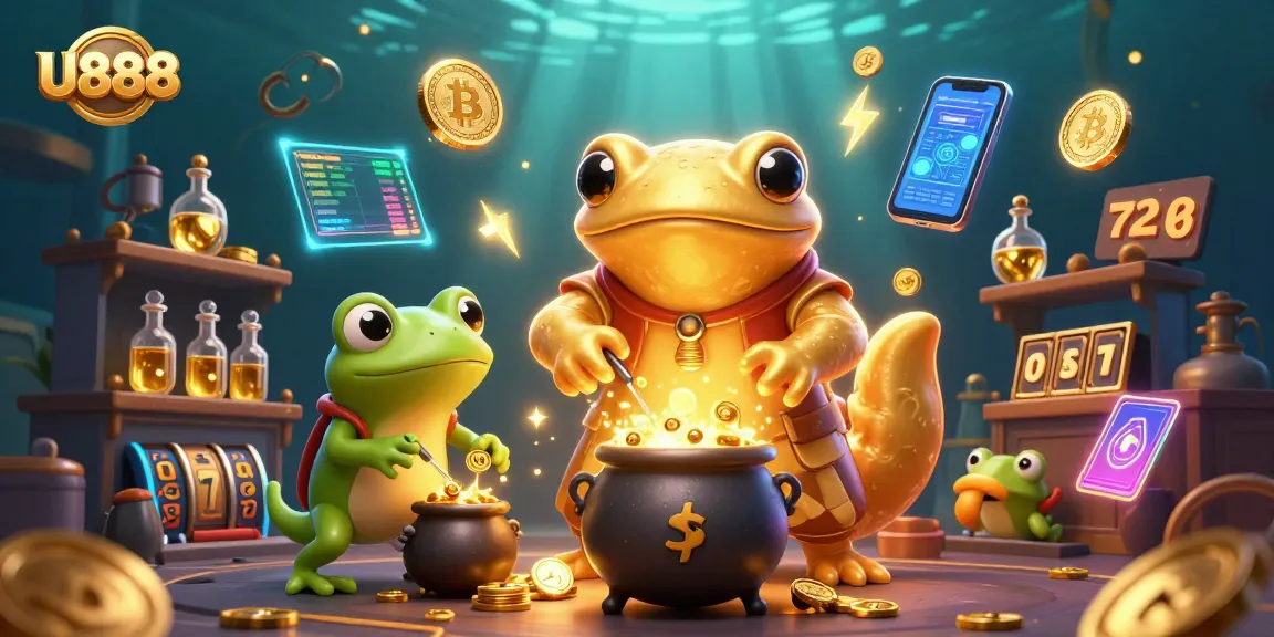 U888 alchemist transforms metals in a casino-themed scene with gold coins and vibrant game elements.