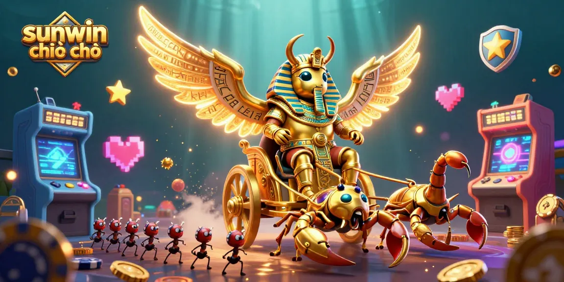 Experience the excitement of sunwin chính chủ with this vibrant casino-themed illustration, featuring a colossal golden scarab and game elements.