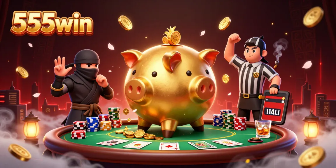 Experience captivating gaming with 555win's dynamic casino action featuring a sumo wrestler, ninja, and referee.